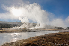 Aufsteigender Dampf, Firehole River, Biscuit Basin, Yellowstone Nationalpark