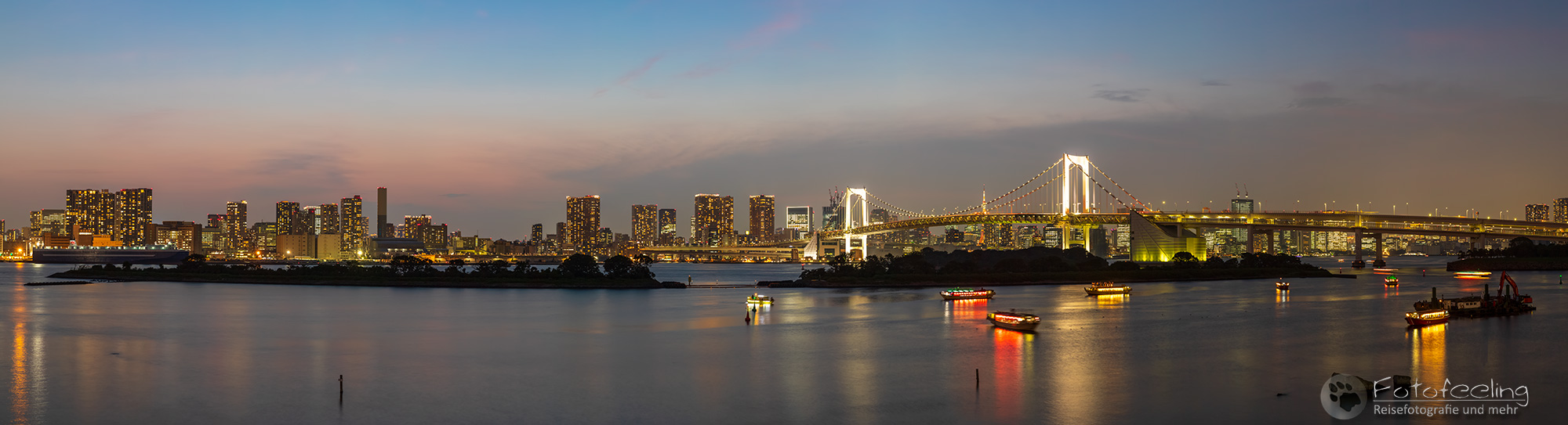 Aussicht auf die Rainbow Bridge und Skyline von Tokio