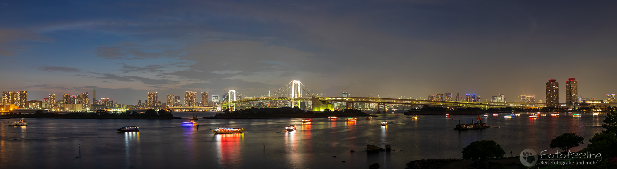 Aussicht auf die Rainbow Bridge und Skyline von Tokio