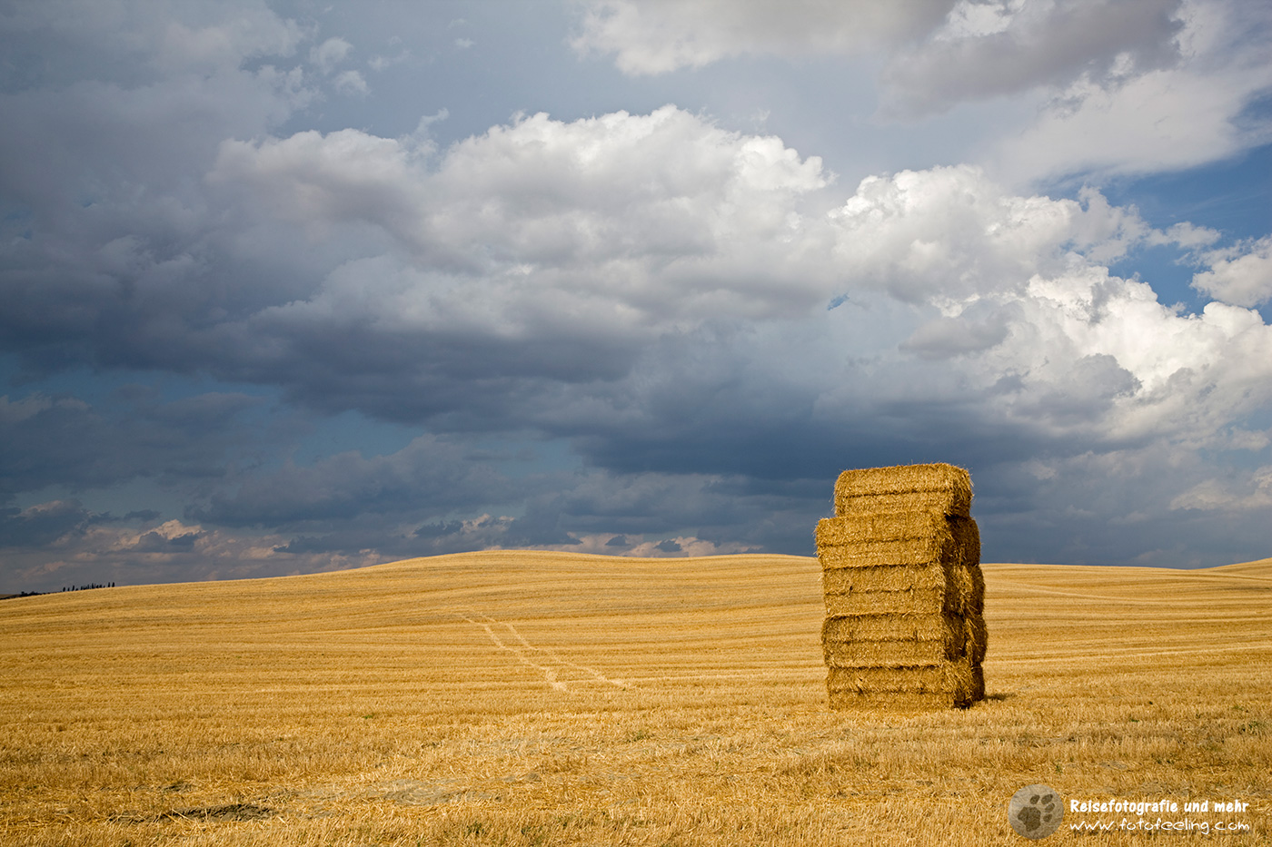 Strohballen auf abgeerntetem Gerteidefeld, Italien, Toskana