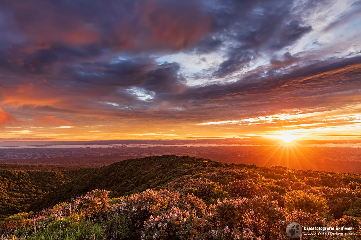 Sonnenaufgang über dem Tongariro Nationalpark mit den Vulkanen Mount Ruapehu, Mount Ngauruhoe und Mount Tongariro