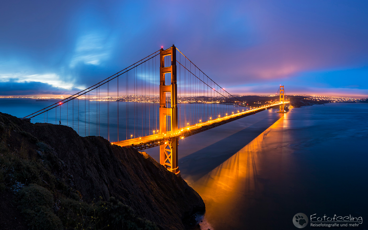 Golden Gate Brücke und Skyline von San Francisco, Blaue Stunde