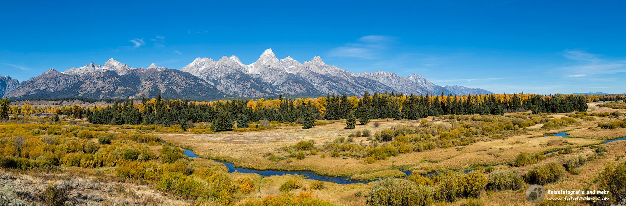 Blick auf die Cathedral Group mit dem Snake River
