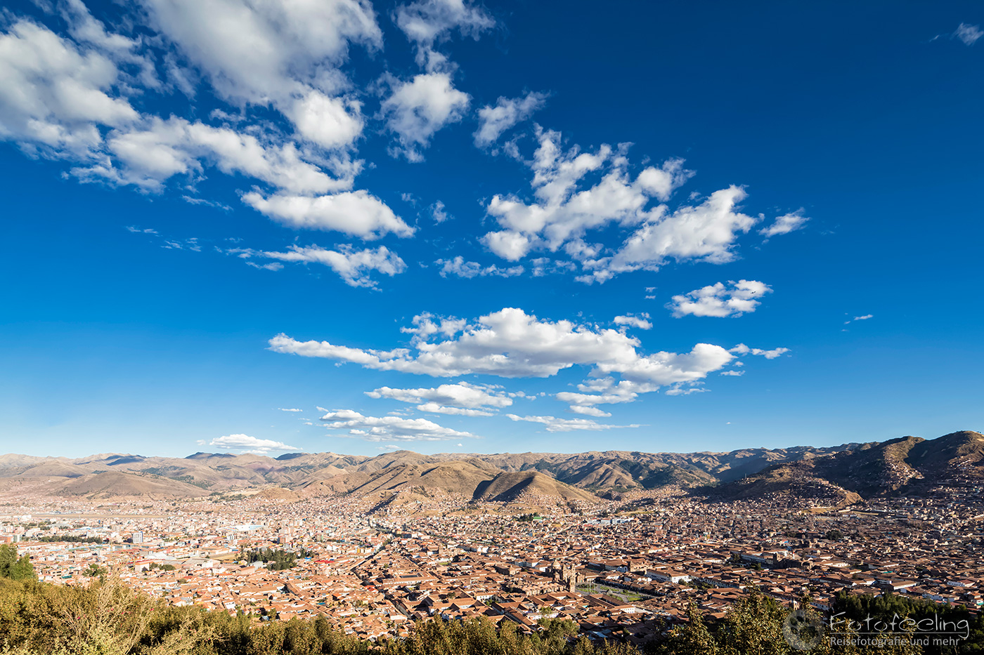 Aussicht von der Cristo Blanco Statue auf Cusco mit der Plaza de Armas