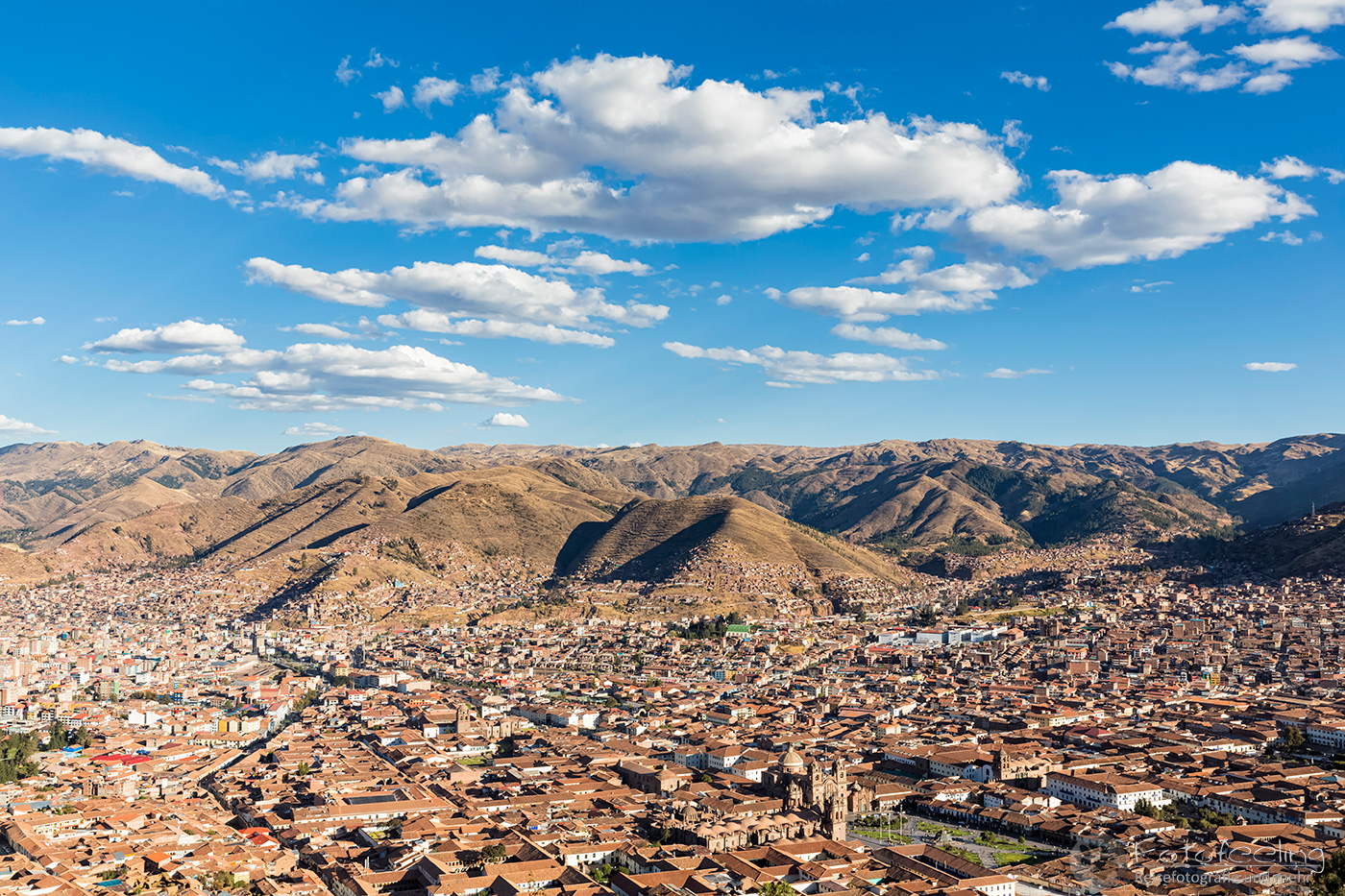 Aussicht von der Cristo Blanco Statue auf Cusco mit der Plaza de Armas