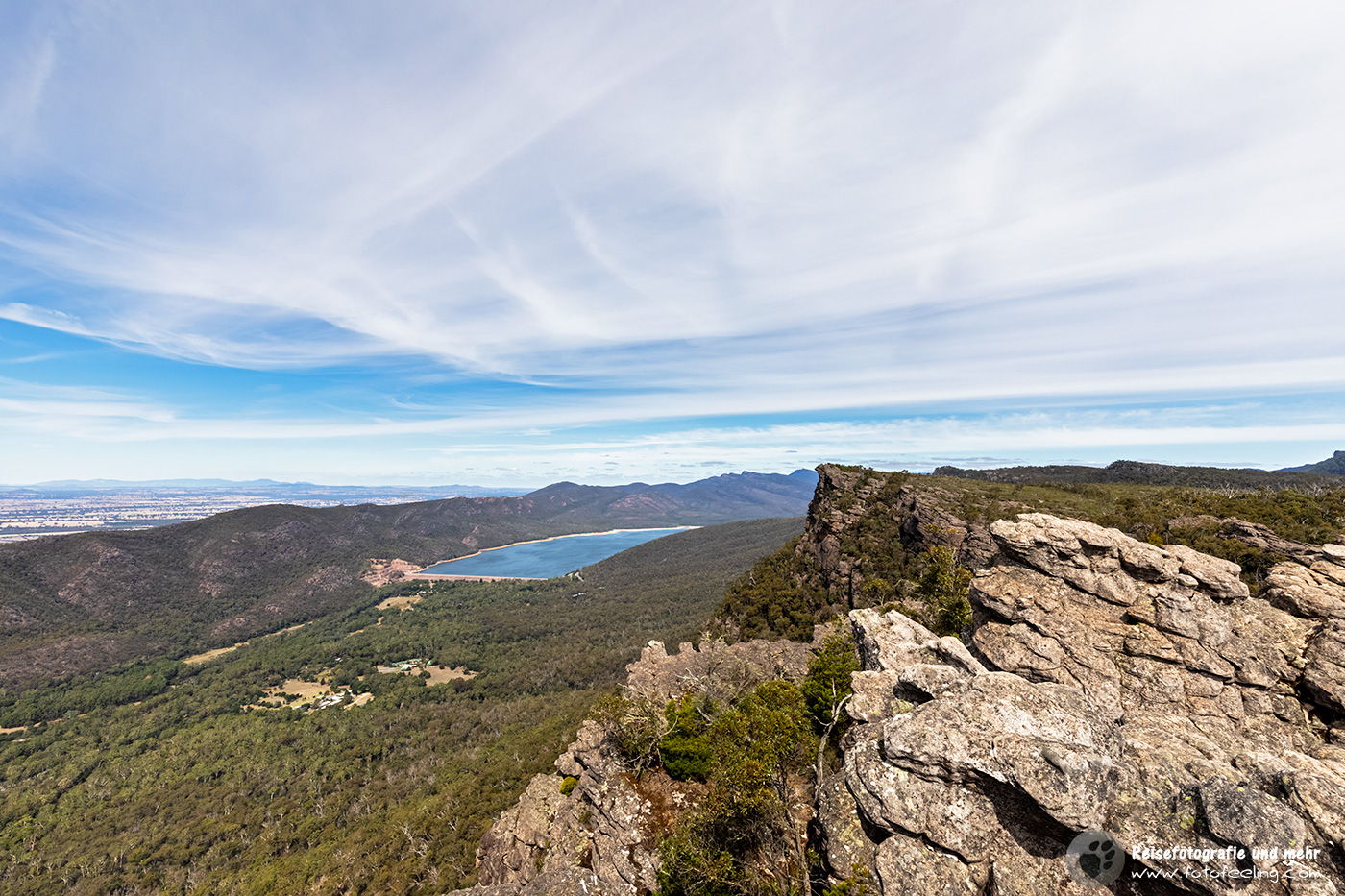 Aussicht vom Pinnacle Lookout auf den Lake Bellfield, Grampians Nationalpark, Victoria, Australien