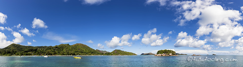 Anse Volbert mit Curieuse Island, Chauve Souris Island und der Insel Saint Pierre, Ostküste, Praslin, Seychellen